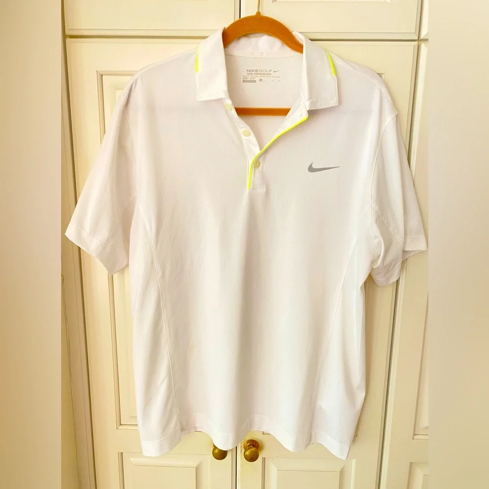 Nike Golf Polo Shirt White neon yellow pipes Dri-FIT men's XL